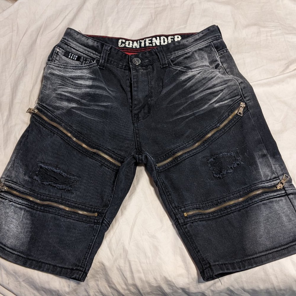 Contender Streetwear Distressed Denim Jean Shorts, Moto Zippers, size 32